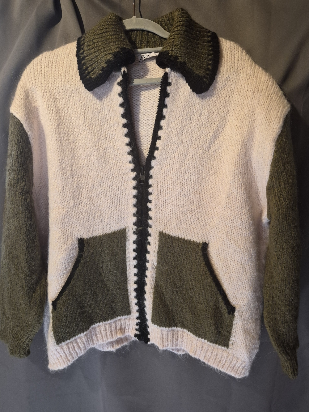 Zara Pink and Olive Zip-Front Knit Cardigan